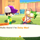 Daisy Mae introduces herself to the player as the sun beams down on her hat which is decorated with turnips.